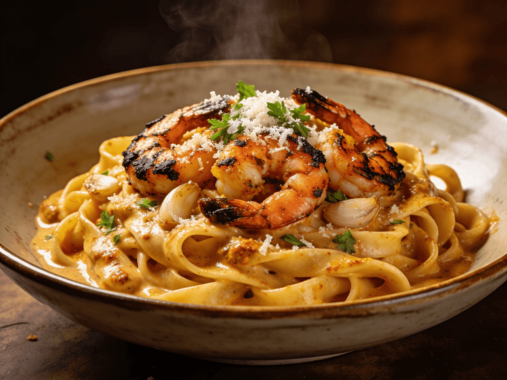 Creamy Cajun shrimp pasta with blackened shrimp and parmesan sauce served in a rustic pasta bowl