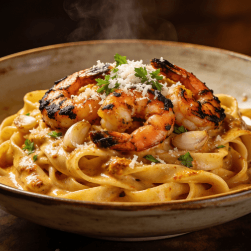 Creamy Cajun shrimp pasta with blackened shrimp and parmesan sauce served in a rustic pasta bowl