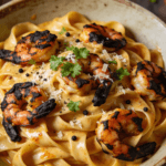 Top view of creamy Cajun shrimp pasta with parmesan cheese and Cajun cream sauce
