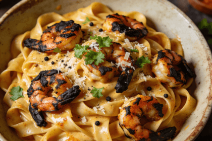 Top view of creamy Cajun shrimp pasta with parmesan cheese and Cajun cream sauce