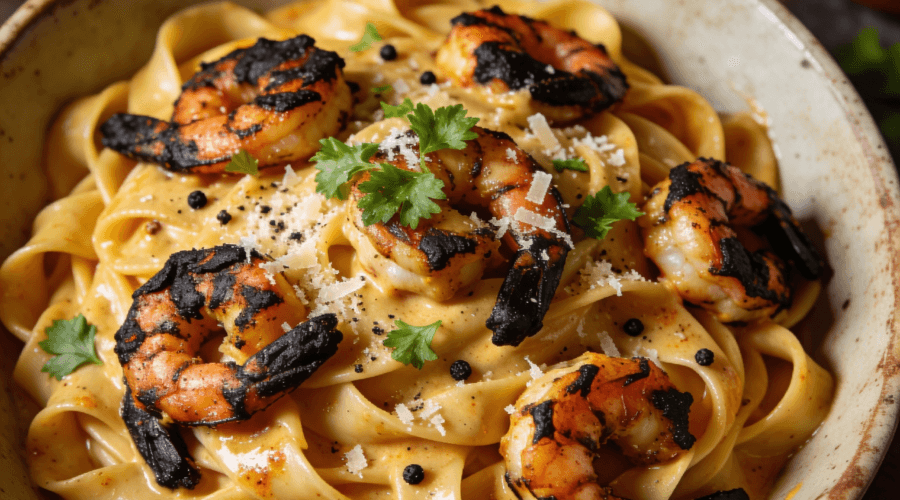 Top view of creamy Cajun shrimp pasta with parmesan cheese and Cajun cream sauce