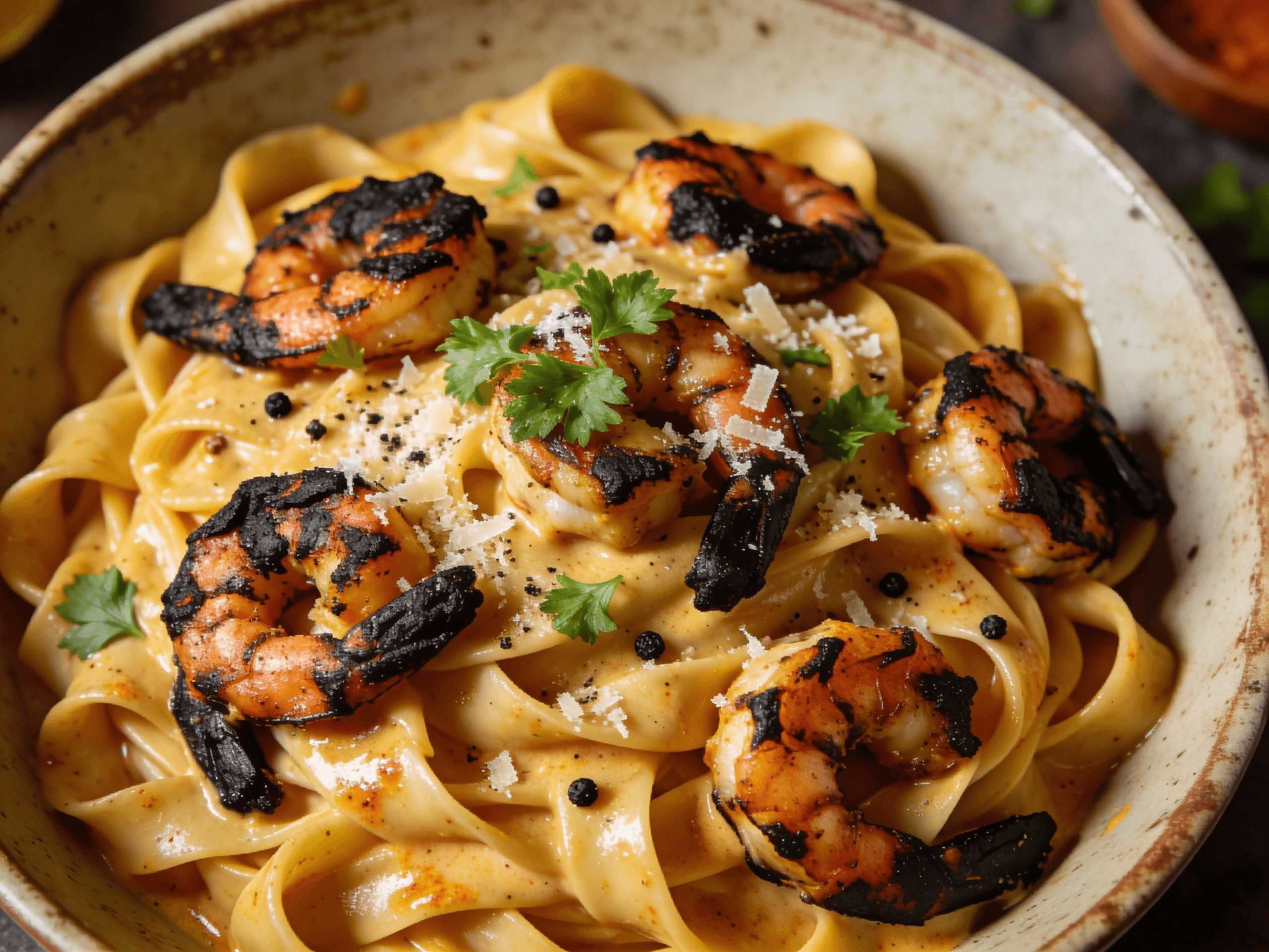 Top view of creamy Cajun shrimp pasta with parmesan cheese and Cajun cream sauce