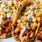 Close-up of BBQ chicken street corn tacos topped with grilled corn, creamy sauce, cotija cheese, and cilantro in charred tortillas.