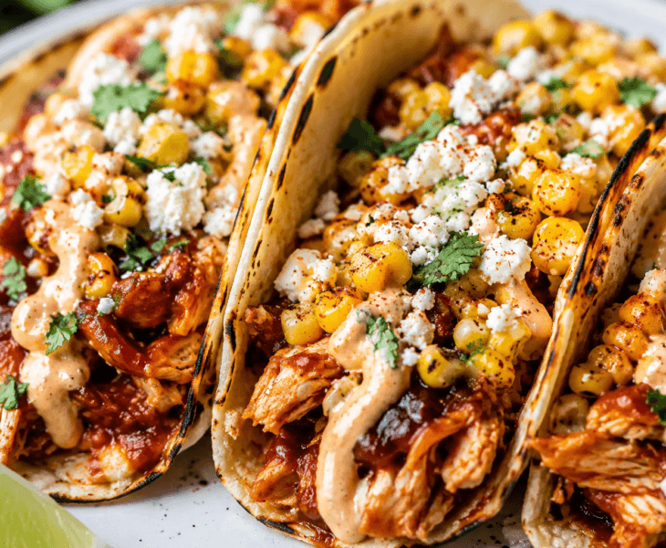 Close-up of BBQ chicken street corn tacos topped with grilled corn, creamy sauce, cotija cheese, and cilantro in charred tortillas.