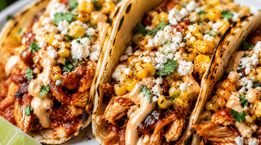 Close-up of BBQ chicken street corn tacos topped with grilled corn, creamy sauce, cotija cheese, and cilantro in charred tortillas.