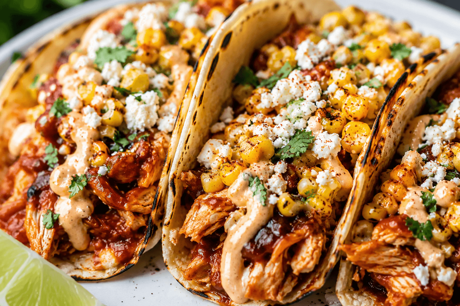 Close-up of BBQ chicken street corn tacos topped with grilled corn, creamy sauce, cotija cheese, and cilantro in charred tortillas.