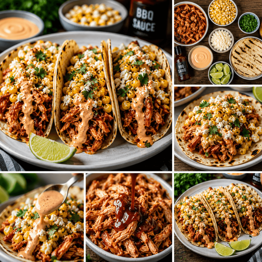 Collage featuring BBQ chicken street corn tacos, shredded BBQ chicken, creamy sauce drizzle, toppings, and taco ingredients.