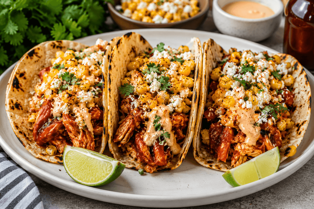Front view plated BBQ chicken street corn tacos served with lime wedges and creamy toppings on a white plate.