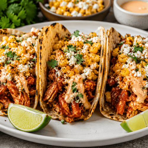Front view plated BBQ chicken street corn tacos served with lime wedges and creamy toppings on a white plate.