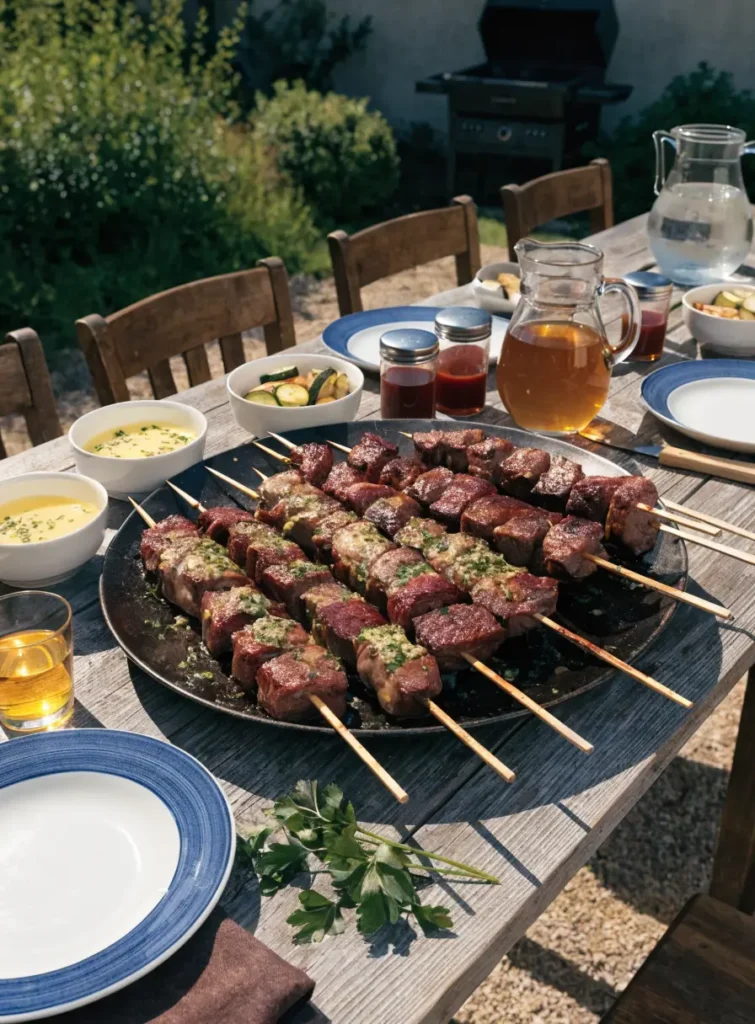 Grilled steak kabobs with garlic herb butter served on a rustic outdoor table with barbecue side dishes.
