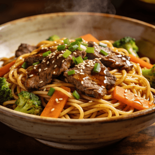 Front view of beef and broccoli lo mein with stir fry noodles, sliced beef, carrots, sesame seeds, and green onions in a bowl.