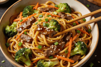 Top view of beef and broccoli lo mein noodles with sesame seeds, carrots, and green onions in savory stir fry sauce.