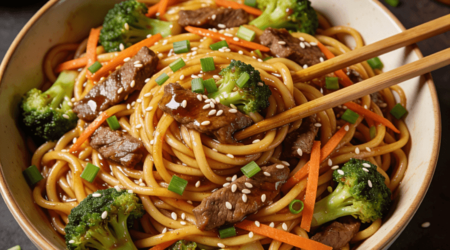 Top view of beef and broccoli lo mein noodles with sesame seeds, carrots, and green onions in savory stir fry sauce.