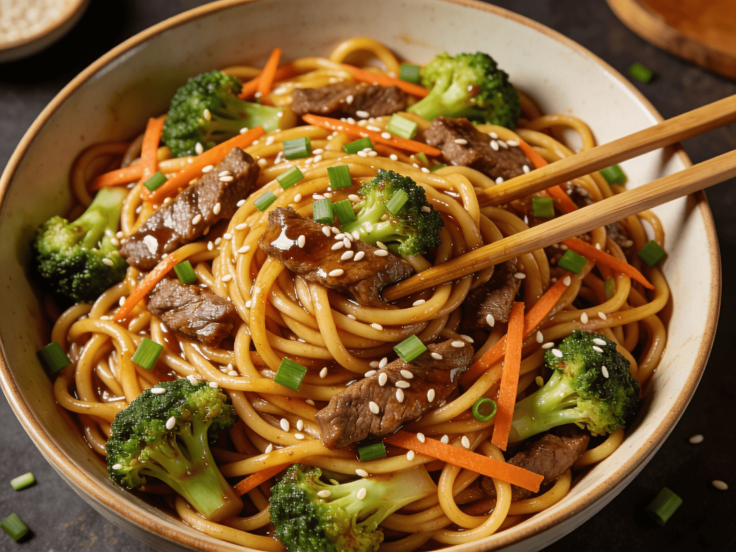 Top view of beef and broccoli lo mein noodles with sesame seeds, carrots, and green onions in savory stir fry sauce.