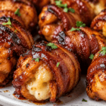 Close-up of bacon-wrapped BBQ chicken bombs glazed with smoky barbecue sauce and stuffed with melted cheese on a rustic plate.