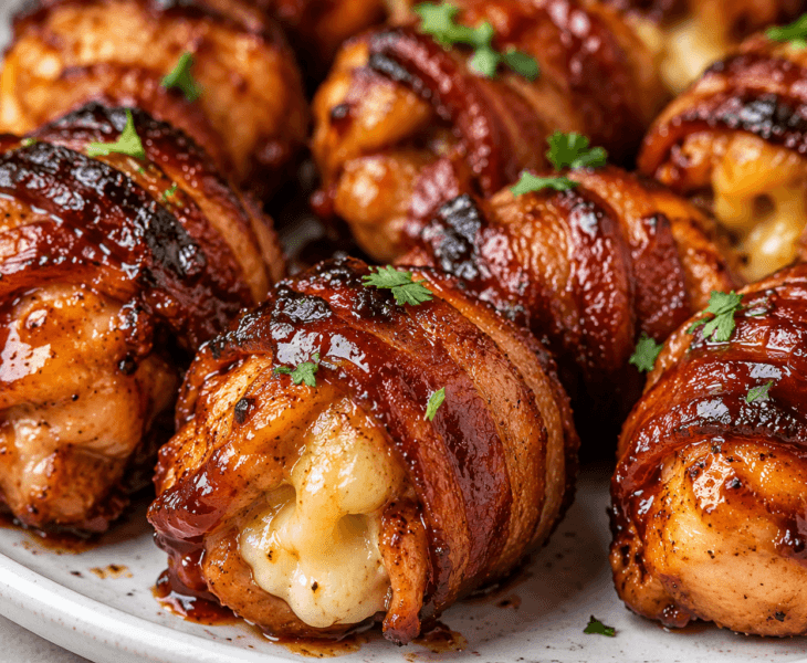Close-up of bacon-wrapped BBQ chicken bombs glazed with smoky barbecue sauce and stuffed with melted cheese on a rustic plate.