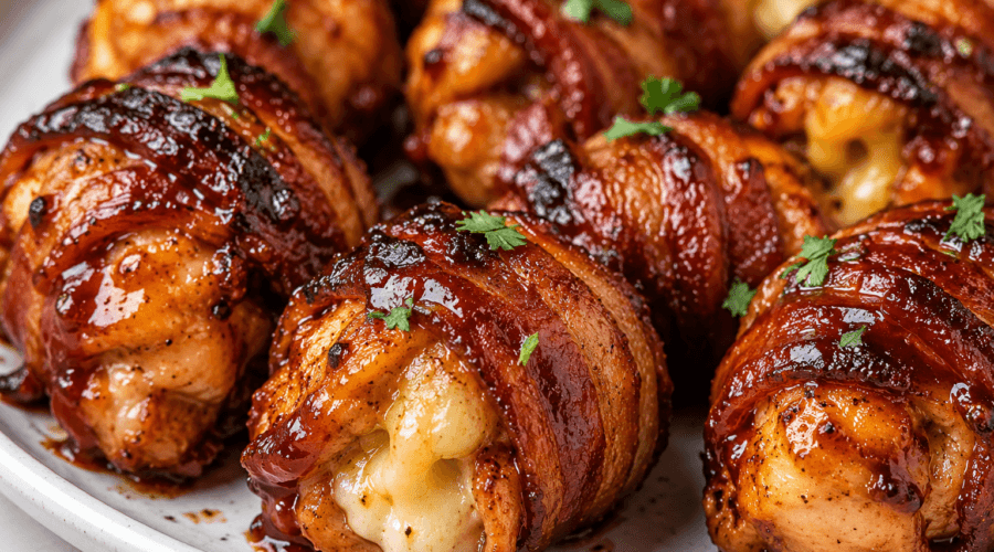 Close-up of bacon-wrapped BBQ chicken bombs glazed with smoky barbecue sauce and stuffed with melted cheese on a rustic plate.