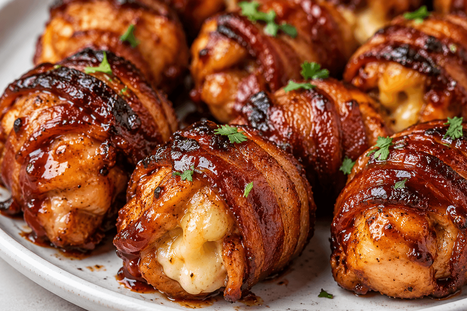 Close-up of bacon-wrapped BBQ chicken bombs glazed with smoky barbecue sauce and stuffed with melted cheese on a rustic plate.