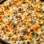 Close-up of cheesy fire-roasted elote dip topped with charred corn, cotija cheese, chili seasoning, cilantro, and lime wedges in a skillet.