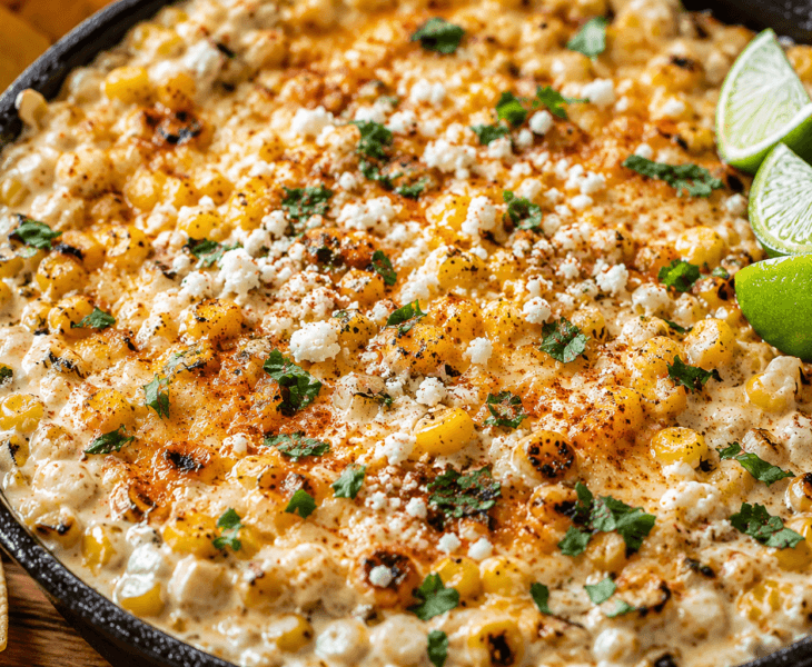 Close-up of cheesy fire-roasted elote dip topped with charred corn, cotija cheese, chili seasoning, cilantro, and lime wedges in a skillet.