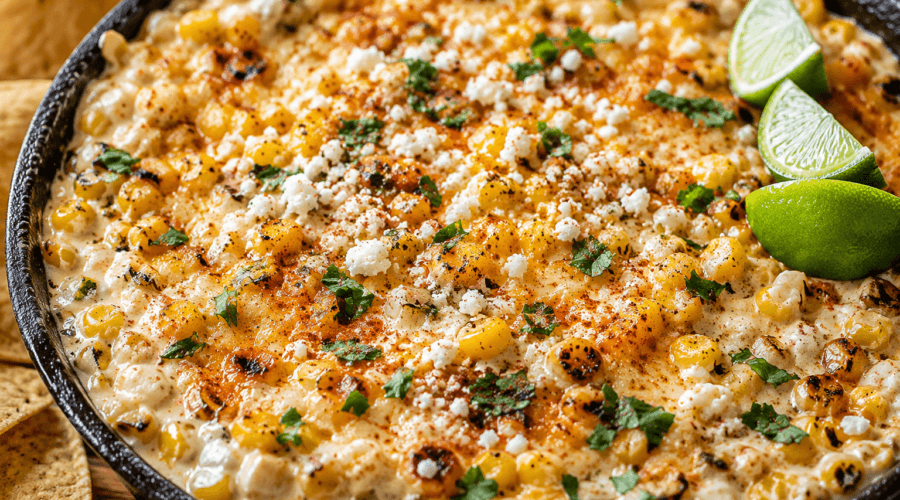 Close-up of cheesy fire-roasted elote dip topped with charred corn, cotija cheese, chili seasoning, cilantro, and lime wedges in a skillet.