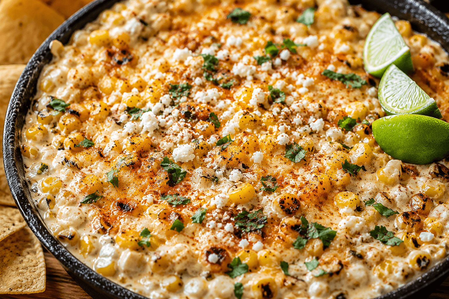 Close-up of cheesy fire-roasted elote dip topped with charred corn, cotija cheese, chili seasoning, cilantro, and lime wedges in a skillet.