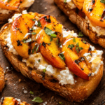Close-up of grilled peach crostini with creamy goat cheese, honey drizzle, toasted bread, and fresh thyme garnish.