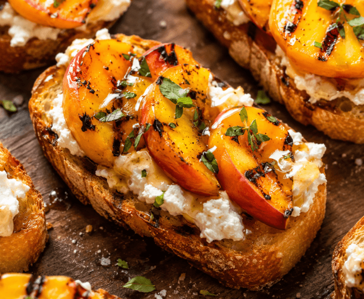 Close-up of grilled peach crostini with creamy goat cheese, honey drizzle, toasted bread, and fresh thyme garnish.