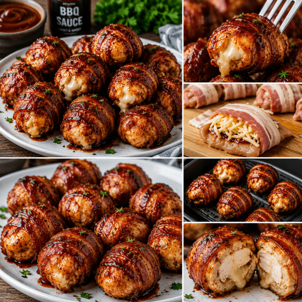 Collage showing multiple views of bacon-wrapped BBQ chicken bombs including close-up, plated presentation, cheese-filled center, and preparation scenes.