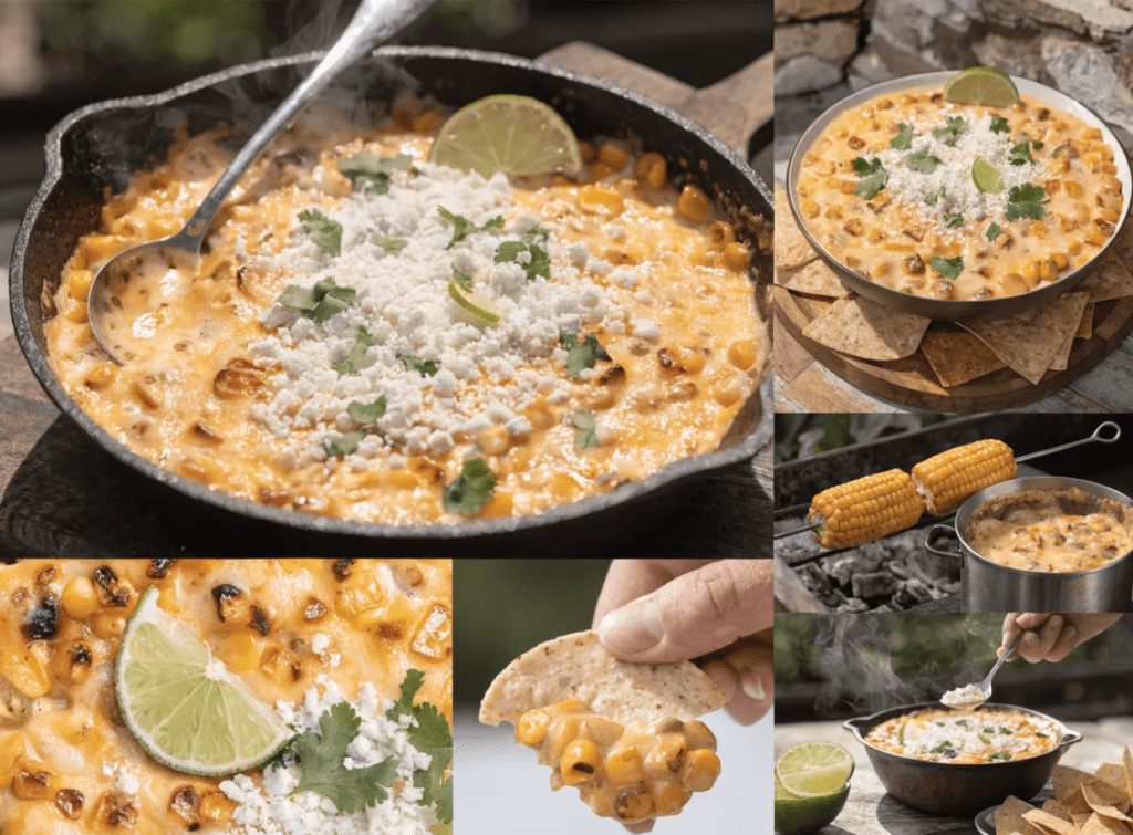 Collage showing multiple views of fire-roasted elote dip including skillet close-up, cheesy chip scoop, serving presentation, and grilled corn prep scenes.