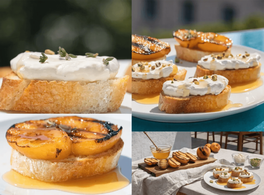 Collage of grilled peach crostini topped with creamy goat cheese, honey drizzle, fresh thyme, and toasted bread arranged as a summer appetizer.