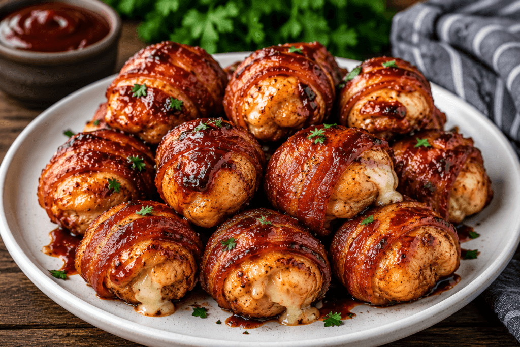 Front view of plated bacon-wrapped BBQ chicken bombs with barbecue glaze, melted cheese, and fresh herbs on a serving plate.