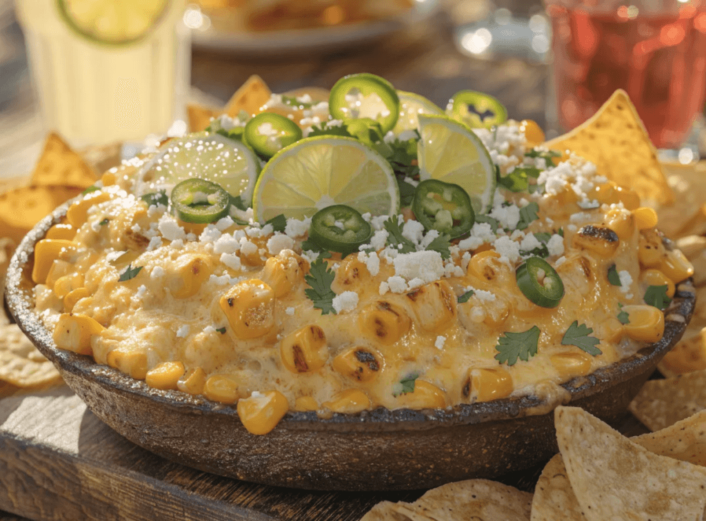 Front view of cheesy fire-roasted elote dip in a skillet topped with jalapeños, lime, cotija cheese, cilantro, and tortilla chips on the side.