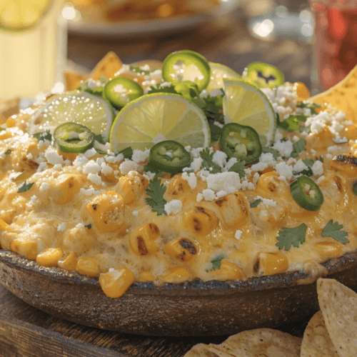 Front view of cheesy fire-roasted elote dip in a skillet topped with jalapeños, lime, cotija cheese, cilantro, and tortilla chips on the side.