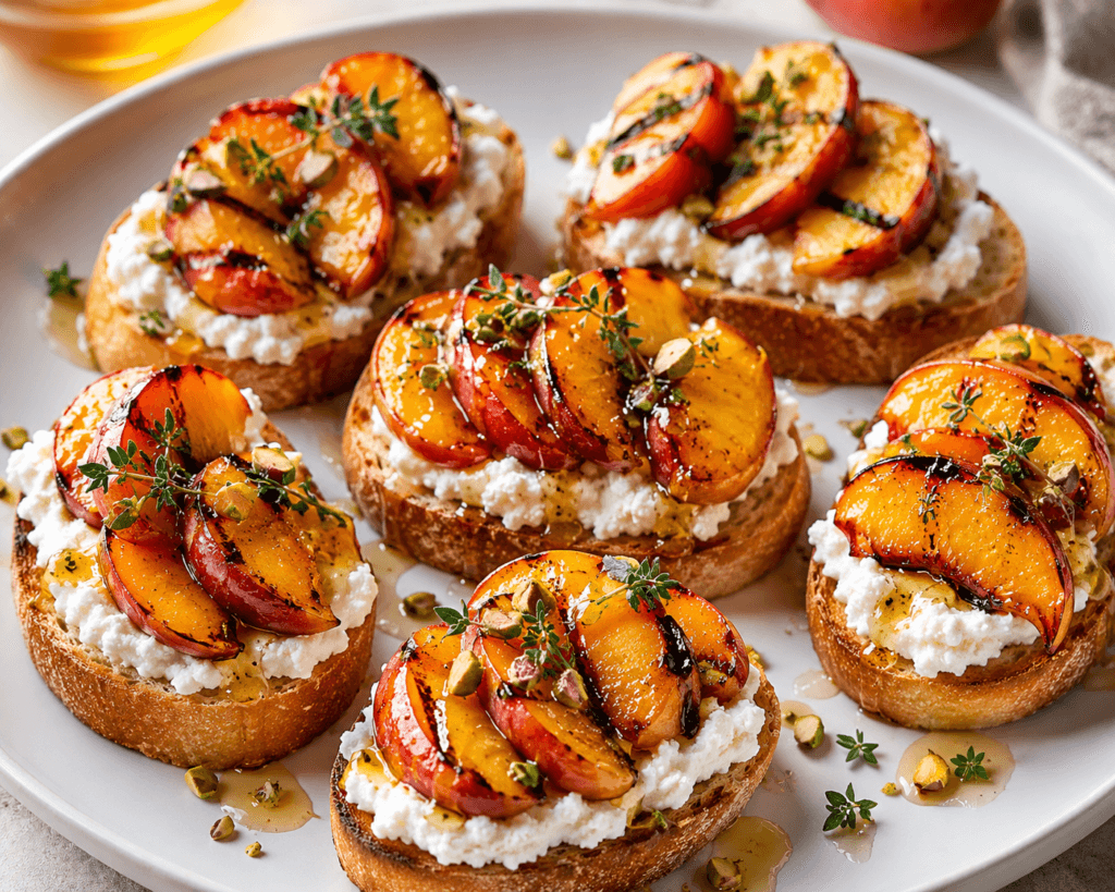 Front view of plated grilled peach crostini with goat cheese, honey drizzle, toasted baguette slices, and herb garnish.