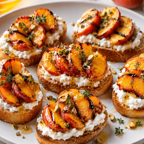 Front view of plated grilled peach crostini with goat cheese, honey drizzle, toasted baguette slices, and herb garnish.