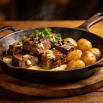 Front view of garlic butter steak bites with crispy potatoes in a cast iron skillet topped with parsley and garlic for a quick steak dinner.