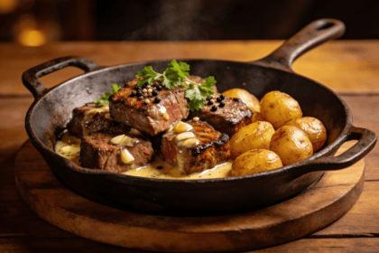 Front view of garlic butter steak bites with crispy potatoes in a cast iron skillet topped with parsley and garlic for a quick steak dinner.