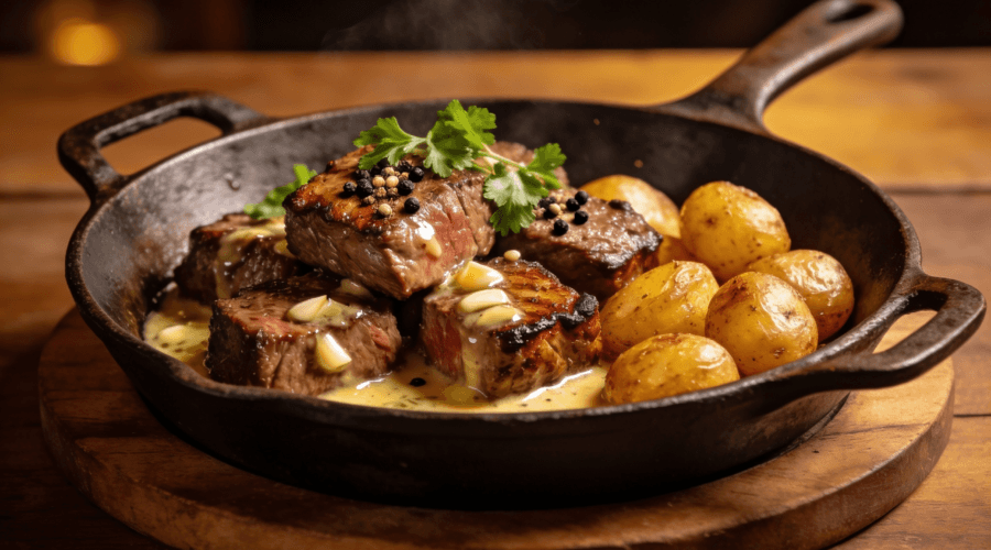 Front view of garlic butter steak bites with crispy potatoes in a cast iron skillet topped with parsley and garlic for a quick steak dinner.