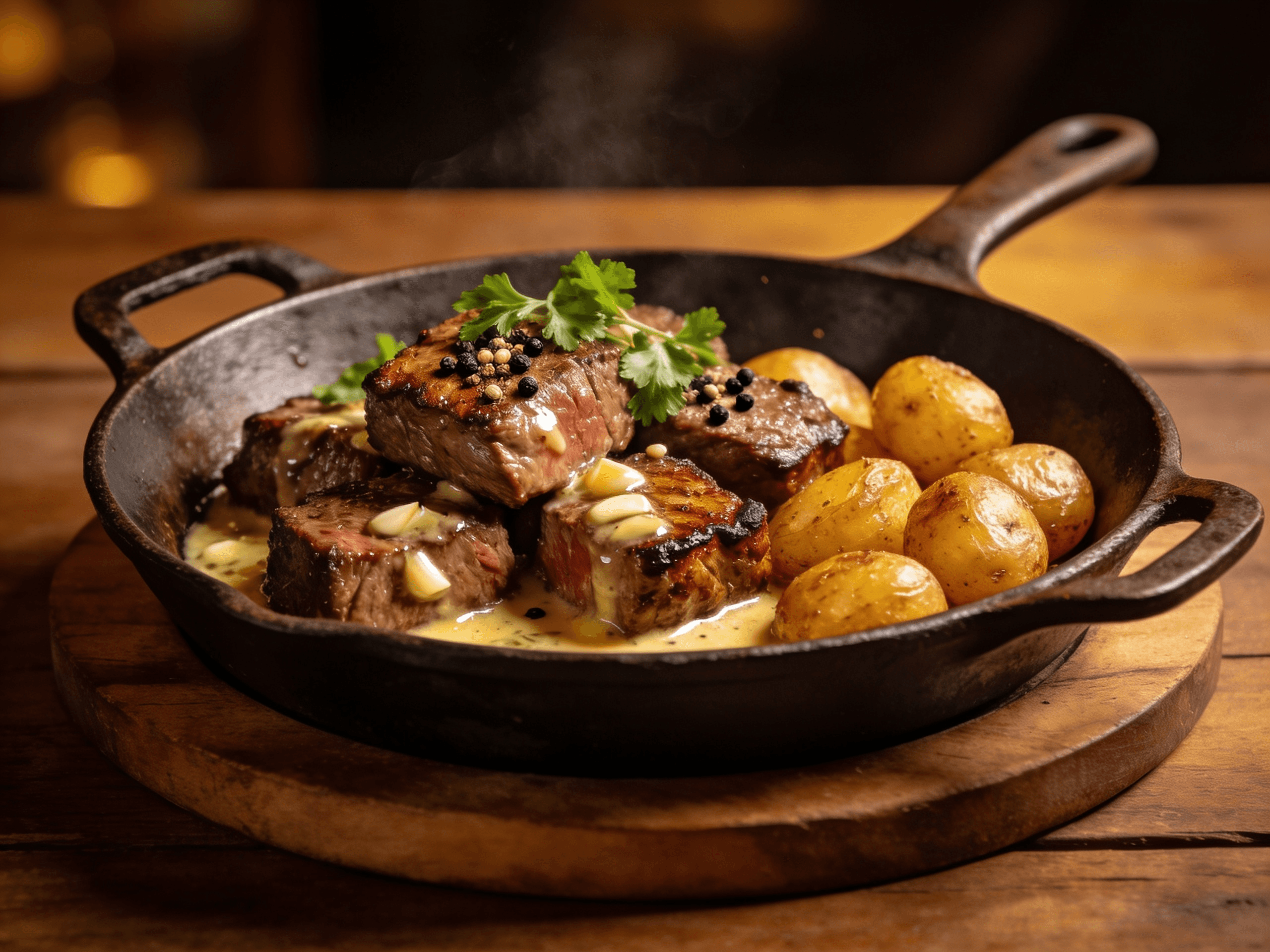 Front view of garlic butter steak bites with crispy potatoes in a cast iron skillet topped with parsley and garlic for a quick steak dinner.