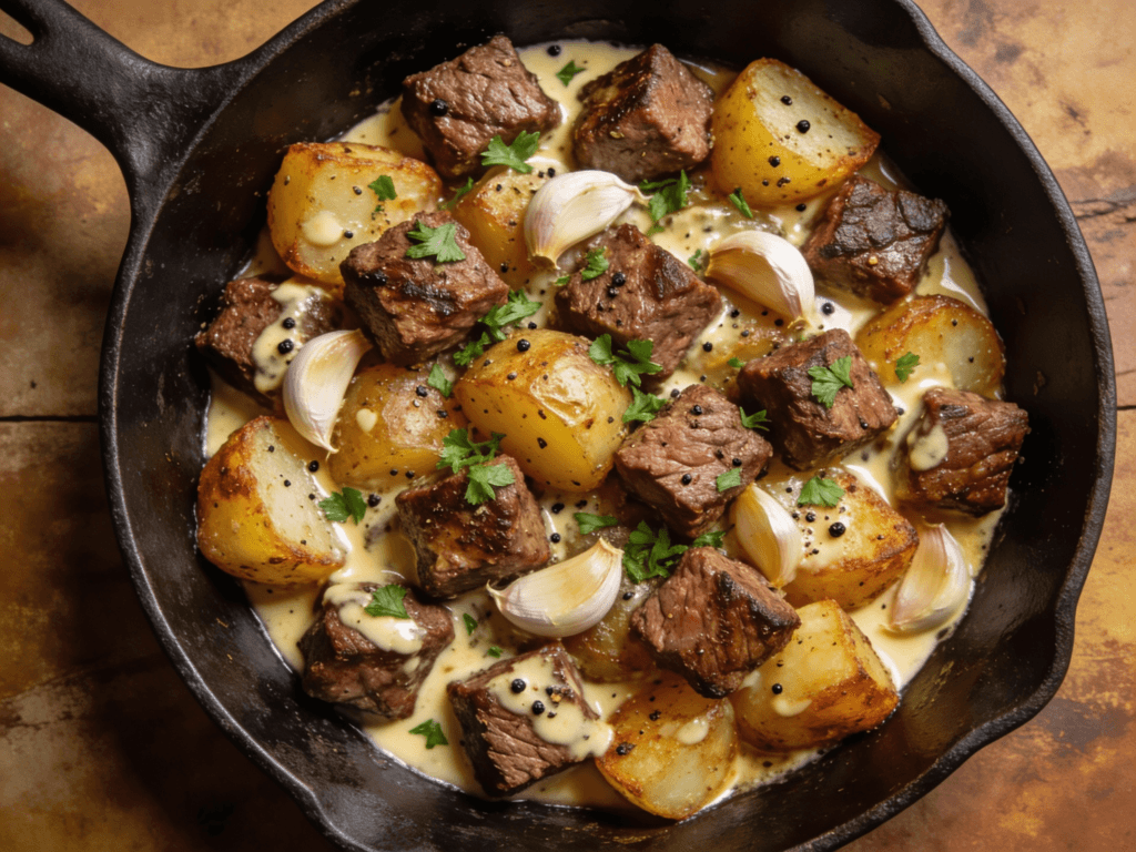 Top view of garlic butter steak bites and crispy potatoes in a skillet garnished with parsley and garlic cloves for an easy beef dinner.