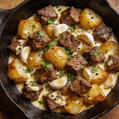 Top view of garlic butter steak bites and crispy potatoes in a skillet garnished with parsley and garlic cloves for an easy beef dinner.