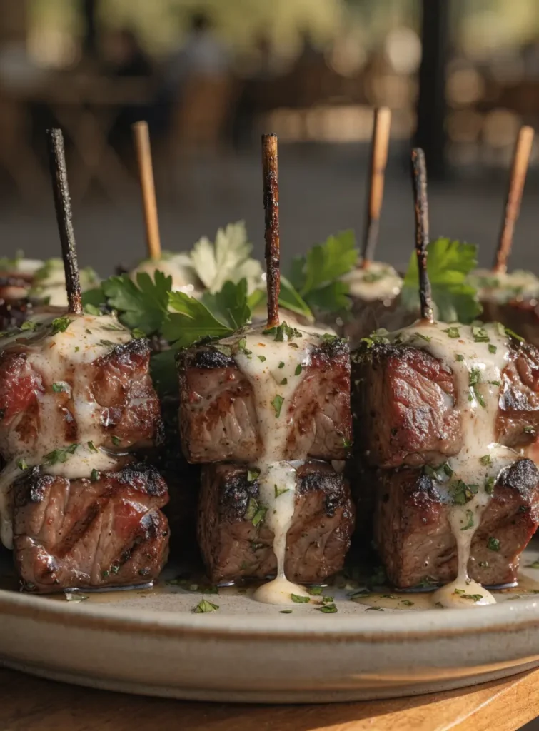 Front view of grilled steak kabobs with garlic herb butter arranged on a serving platter with fresh herbs.