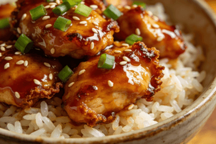 Close-up of honey sriracha chicken served over jasmine rice with sesame seeds and green onions in a ceramic bowl for a quick sweet and spicy chicken dinner.