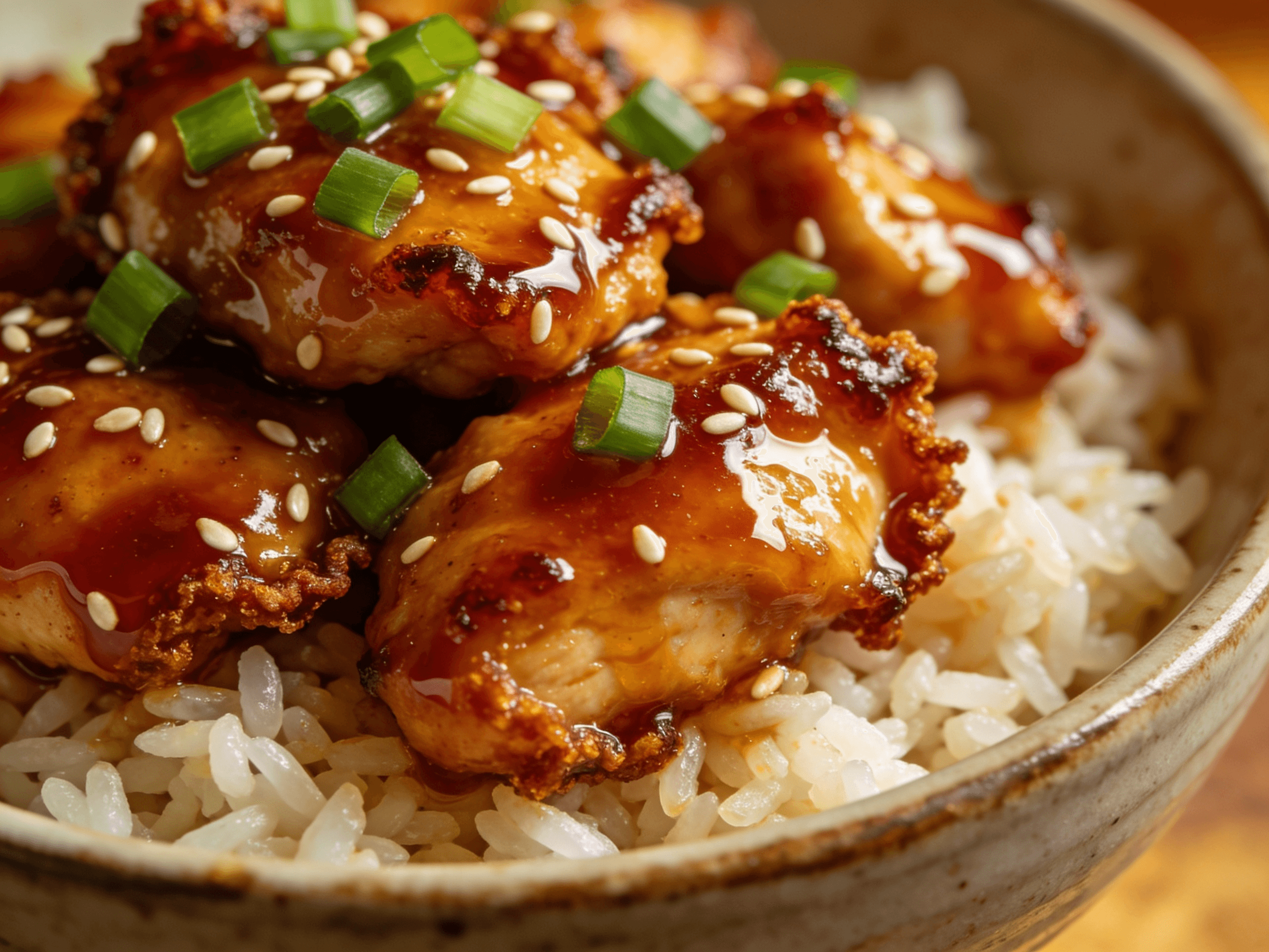 Close-up of honey sriracha chicken served over jasmine rice with sesame seeds and green onions in a ceramic bowl for a quick sweet and spicy chicken dinner.