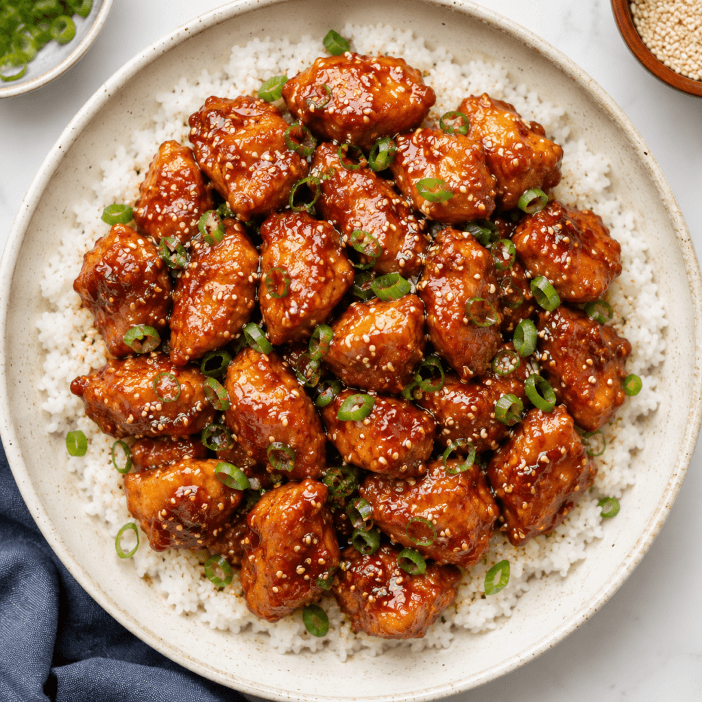 Top view of honey sriracha chicken rice bowl garnished with sesame seeds and green onions for a homemade sweet and spicy chicken meal.