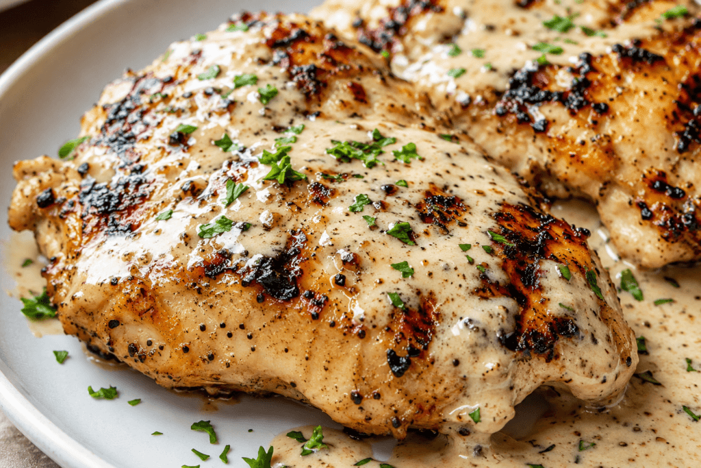 Close-up of juicy grilled chicken breast topped with creamy Alabama white sauce and fresh parsley on a plate.
