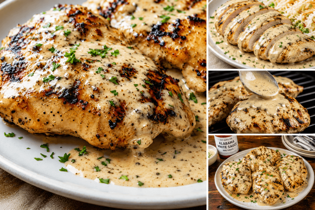 Collage of Alabama white sauce grilled chicken showing close-up, sliced, sauced, and plated serving views.