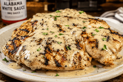 Front view of grilled chicken breasts covered in creamy Alabama white sauce on a rustic plate.