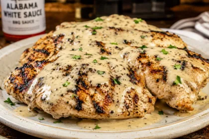 Front view of grilled chicken breasts covered in creamy Alabama white sauce on a rustic plate.